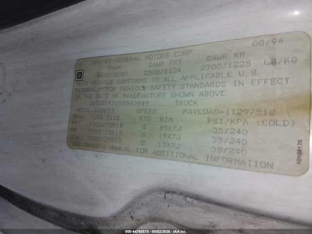 Aukcja sprzedaży 1995 Gmc Sonoma, vin: 1GTCS19Z0S8503949, numer aukcji: 44760575