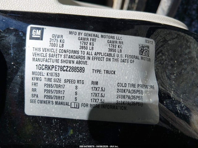 44760578 :رقم المزاد ، 1GCRKPE78CZ288589 vin ، 2012 Chevrolet Silverado 1500 Work Truck مزاد بيع