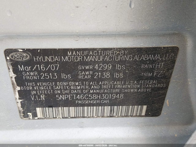 2008 Hyundai Sonata Gls მანქანა იყიდება აუქციონზე, vin: 5NPET46C58H301948, აუქციონის ნომერი: 44760595