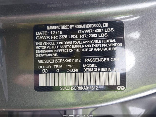 44760601 :رقم المزاد ، SJKCH5CR8KA011612 vin ، 2019 Infiniti Qx30 Luxe مزاد بيع