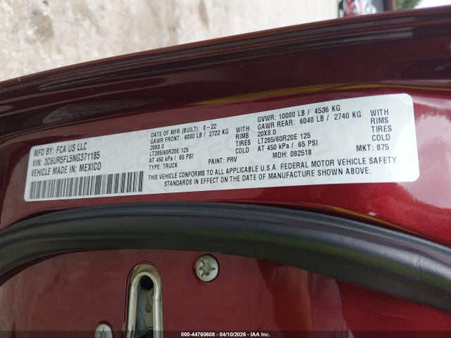Aukcja sprzedaży 2022 Ram 2500 Laramie  4x4 6'4 Box, vin: 3C6UR5FL5NG371185, numer aukcji: 44760608
