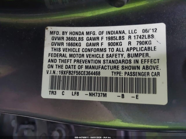 2012 Honda Civic Lx მანქანა იყიდება აუქციონზე, vin: 19XFB2F56CE364468, აუქციონის ნომერი: 44760611