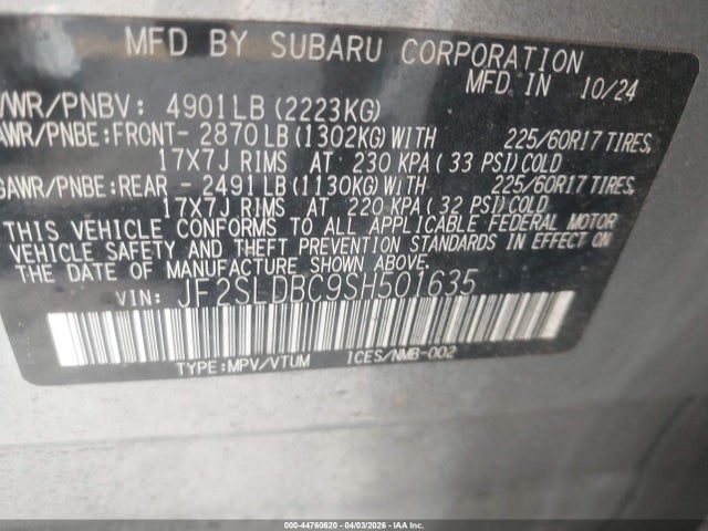 Aukcja sprzedaży 2025 Subaru Forester Premium, vin: JF2SLDBC9SH501635, numer aukcji: 44760620