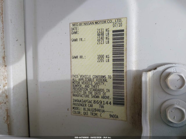 2010 Nissan Maxima 3.5 S მანქანა იყიდება აუქციონზე, vin: 1N4AA5AP5AC869144, აუქციონის ნომერი: 44760650