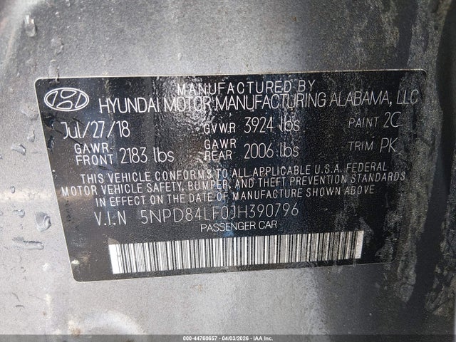 44760657 :رقم المزاد ، 5NPD84LF0JH390796 vin ، 2018 Hyundai Elantra Sel مزاد بيع