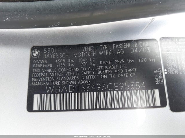 44760662 :رقم المزاد ، WBADT53493CE95354 vin ، 2003 Bmw 530i مزاد بيع