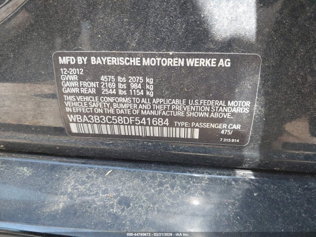 44760672 :رقم المزاد ، WBA3B3C58DF541684 vin ، 2013 Bmw 328i Xdrive مزاد بيع