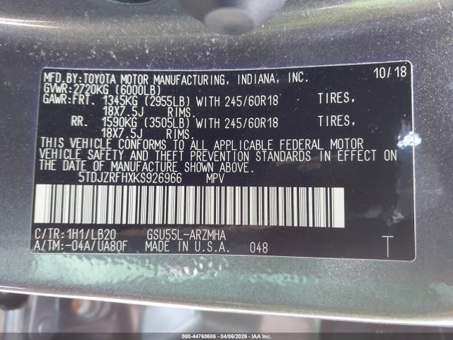 5TDJZRFHXKS926966 Toyota Highlander Xle