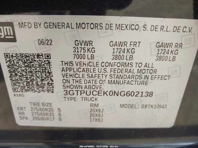 44760693 :رقم المزاد ، 3GTPUCEK0NG602138 vin ، 2022 Gmc Sierra 1500 4wd  Short Box Elevation مزاد بيع