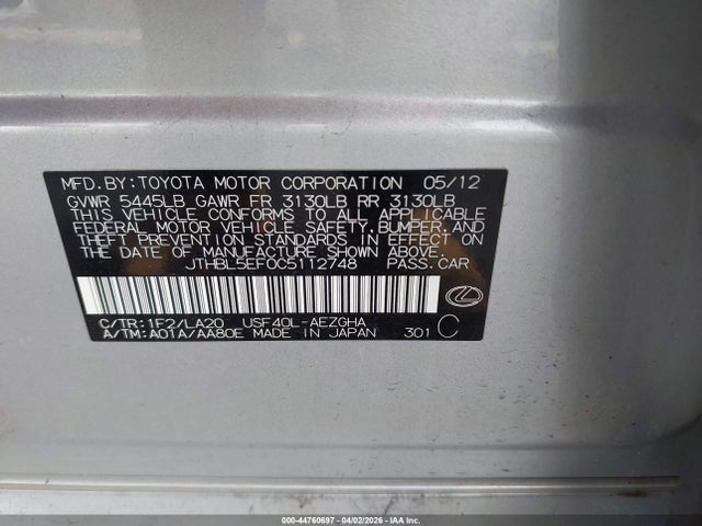 44760697 :رقم المزاد ، JTHBL5EF0C5112748 vin ، 2012 Lexus Ls 460 مزاد بيع