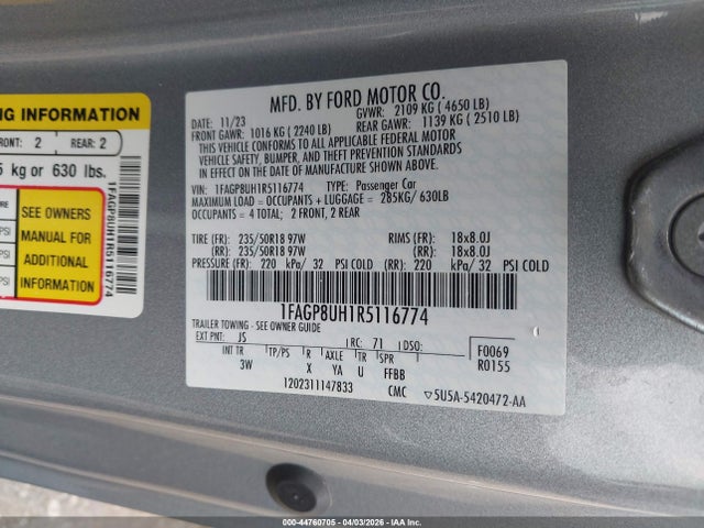 44760705 :رقم المزاد ، 1FAGP8UH1R5116774 vin ، 2024 Ford Mustang Ecoboost Premium مزاد بيع