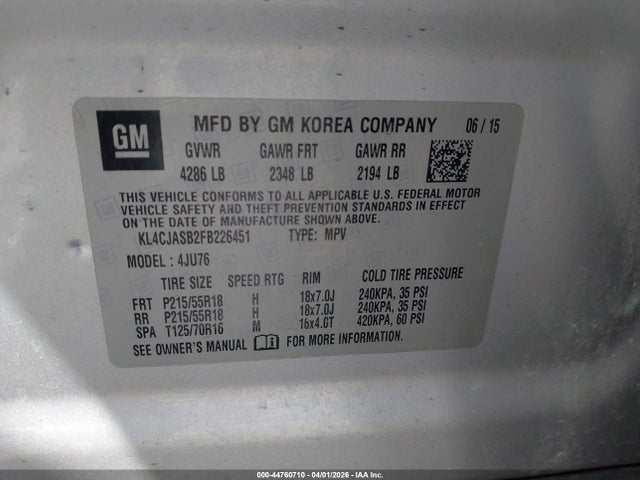 44760710 :رقم المزاد ، KL4CJASB2FB226451 vin ، 2015 Buick Encore مزاد بيع