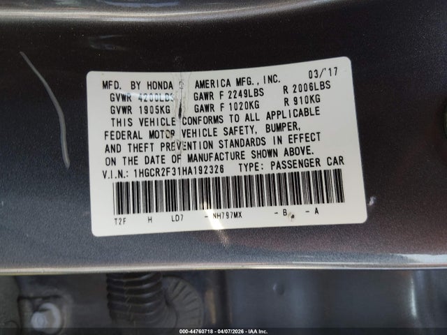 44760718 :رقم المزاد ، 1HGCR2F31HA192326 vin ، 2017 Honda Accord Lx مزاد بيع