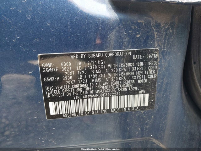 Продаж на аукціоні авто 2019 Subaru Ascent Limited, vin: 4S4WMAPD0K3422232, номер лоту: 44760740