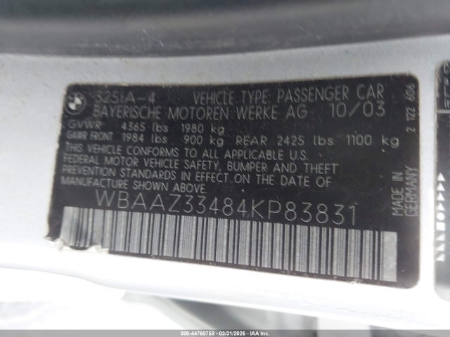 44760758 :رقم المزاد ، WBAAZ33484KP83831 vin ، 2004 Bmw 325i مزاد بيع