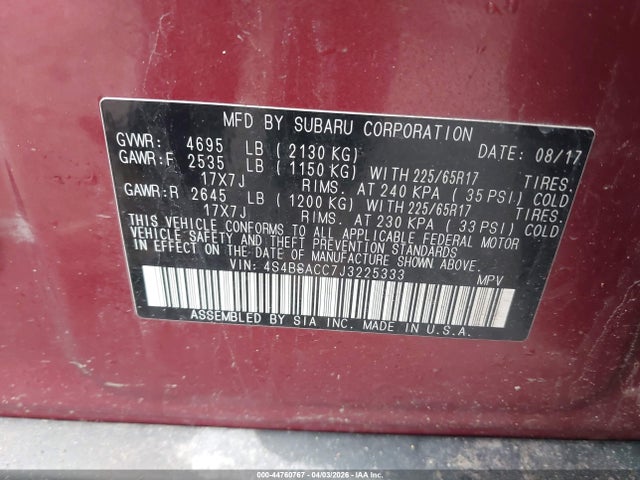 Продаж на аукціоні авто 2018 Subaru Outback 2.5i Premium, vin: 4S4BSACC7J3225333, номер лоту: 44760767