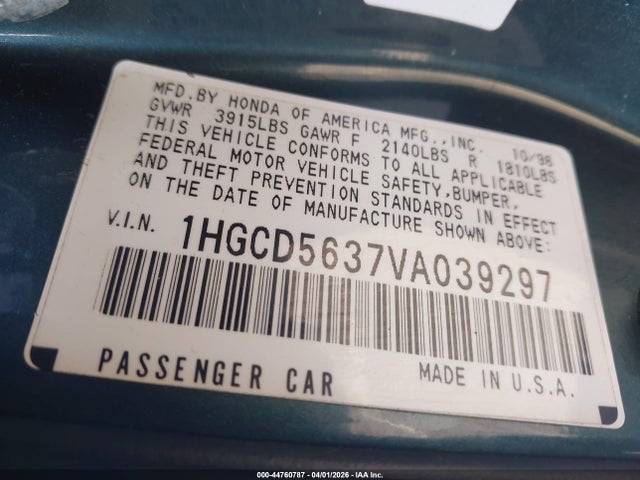 Продаж на аукціоні авто 1997 Honda Accord Lx, vin: 1HGCD5637VA039297, номер лоту: 44760787
