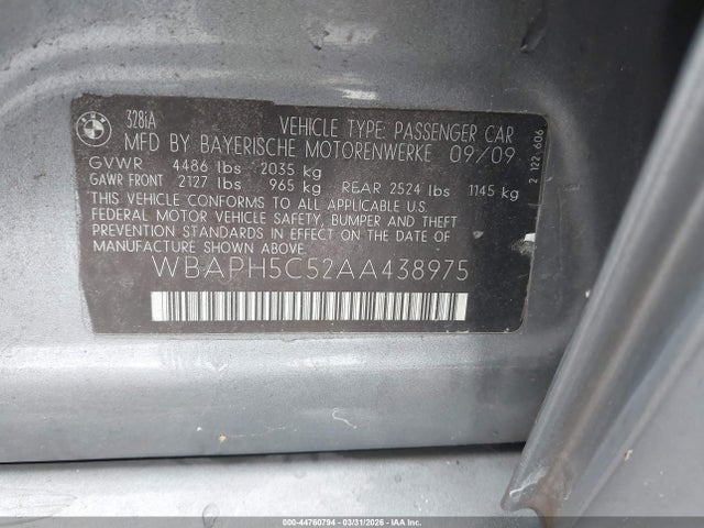 44760794 :رقم المزاد ، WBAPH5C52AA438975 vin ، 2010 Bmw 328i مزاد بيع