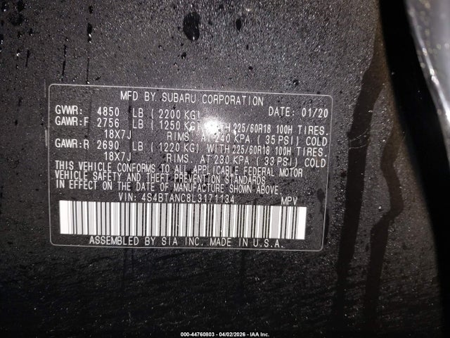 Aukcja sprzedaży 2020 Subaru Outback Limited, vin: 4S4BTANC8L3171134, numer aukcji: 44760803