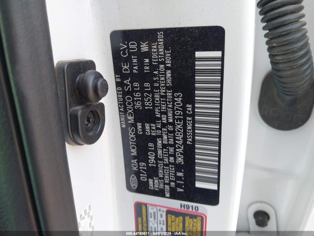 Aukcja sprzedaży 2019 Kia Rio S, vin: 3KPA24AB2KE197043, numer aukcji: 44760811