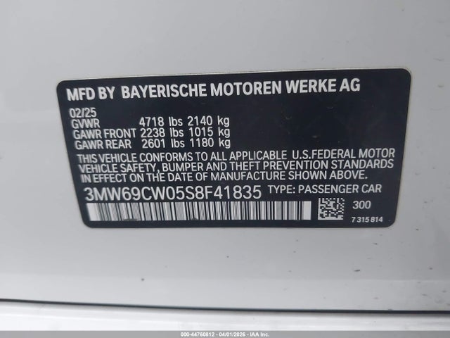 2025 Bmw 330i მანქანა იყიდება აუქციონზე, vin: 3MW69CW05S8F41835, აუქციონის ნომერი: 44760812