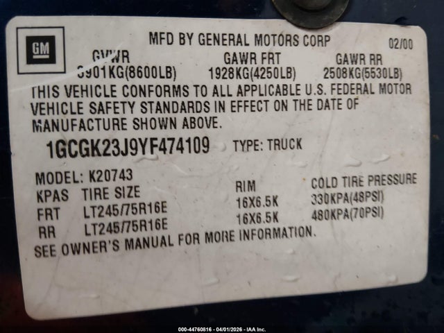 44760816 :رقم المزاد ، 1GCGK23J9YF474109 vin ، 2000 Chevrolet K2500 مزاد بيع