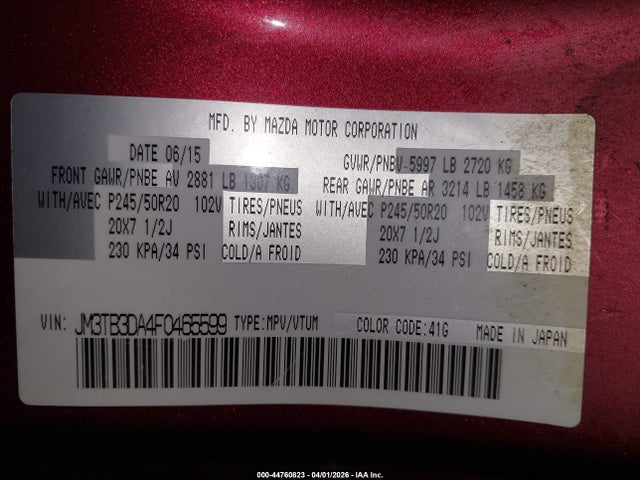 44760823 :رقم المزاد ، JM3TB3DA4F0465599 vin ، 2015 Mazda Cx-9 Grand Touring مزاد بيع