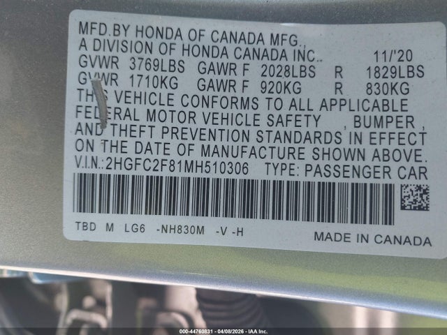 Aukcja sprzedaży 2021 Honda Civic Sport, vin: 2HGFC2F81MH510306, numer aukcji: 44760831
