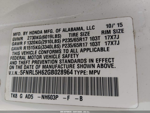 Продажа на аукционе авто 2016 Honda Odyssey Ex-l, vin: 5FNRL5H62GB028964, номер лота: 44760835