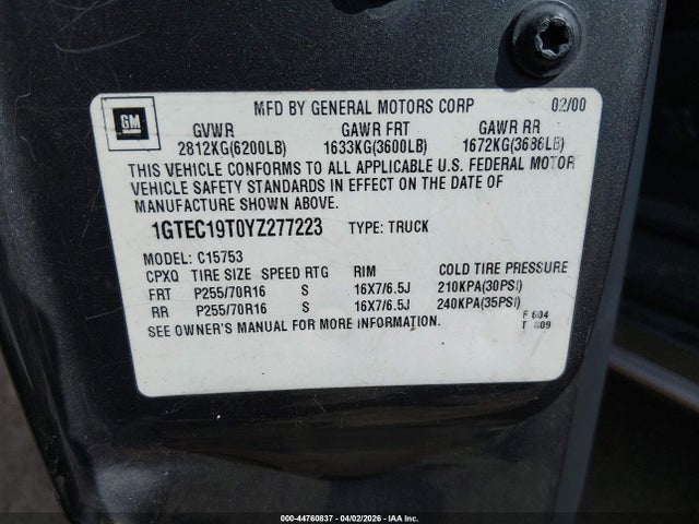 Aukcja sprzedaży 2000 Gmc Sierra 1500 Sle, vin: 1GTEC19T0YZ277223, numer aukcji: 44760837