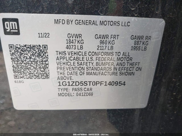 Продаж на аукціоні авто 2023 Chevrolet Malibu Fwd 1lt, vin: 1G1ZD5ST0PF140954, номер лоту: 44760844