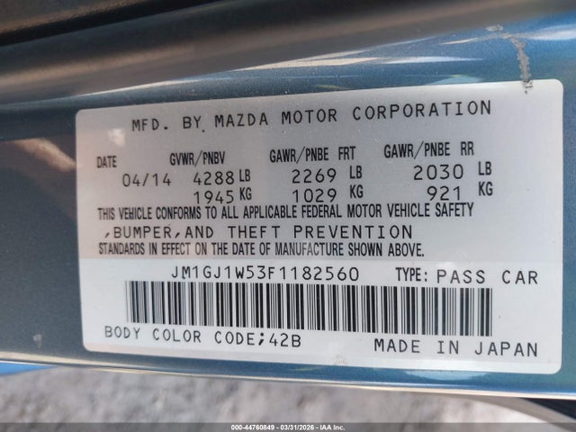 44760849 :رقم المزاد ، JM1GJ1W53F1182560 vin ، 2015 Mazda Mazda6 I Grand Touring مزاد بيع