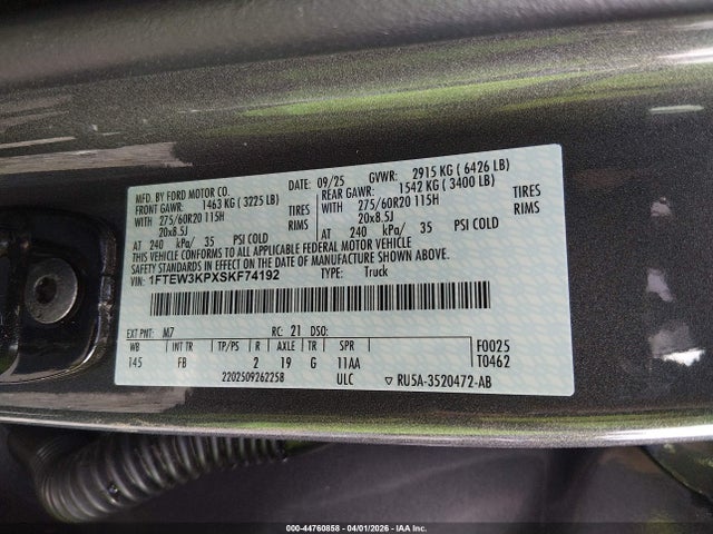 44760858 :رقم المزاد ، 1FTEW3KPXSKF74192 vin ، 2025 Ford F-150 Xlt مزاد بيع