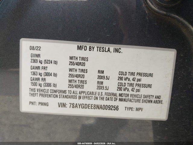 Продаж на аукціоні авто 2022 Tesla Model Y Long Range Dual Motor All-wheel Drive, vin: 7SAYGDEE8NA009256, номер лоту: 44760859