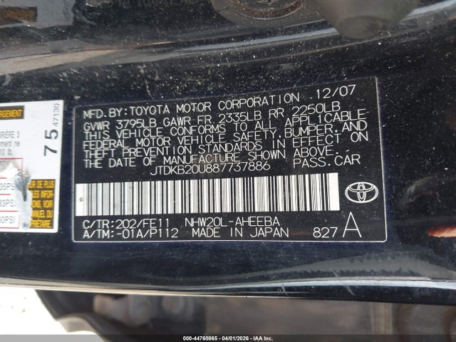 Aukcja sprzedaży 2008 Toyota Prius, vin: JTDKB20U887737886, numer aukcji: 44760865