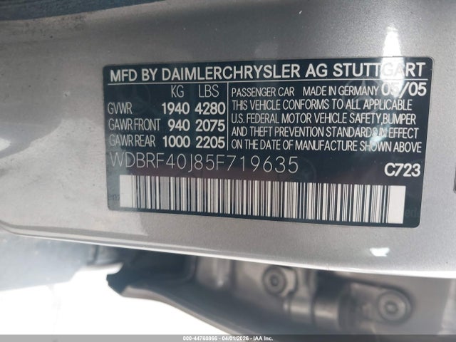 Aukcja sprzedaży 2005 Mercedes-benz C 230 Kompressor Sport, vin: WDBRF40J85F719635, numer aukcji: 44760866