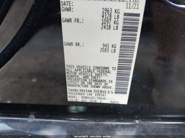 Продажа на аукционе авто 2022 Nissan Altima S Fwd, vin: 1N4BL4BV1NN308035, номер лота: 44760878