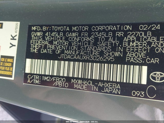 44760883 :رقم المزاد ، JTDACAAUXR3026295 vin ، 2024 Toyota Prius Le مزاد بيع