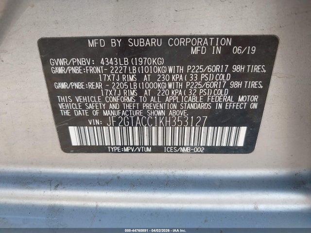 Продаж на аукціоні авто 2019 Subaru Crosstrek 2.0i Premium, vin: JF2GTACC1KH353127, номер лоту: 44760891