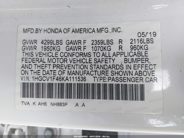 Aukcja sprzedaży 2019 Honda Accord Ex, vin: 1HGCV1F46KA111536, numer aukcji: 44760892