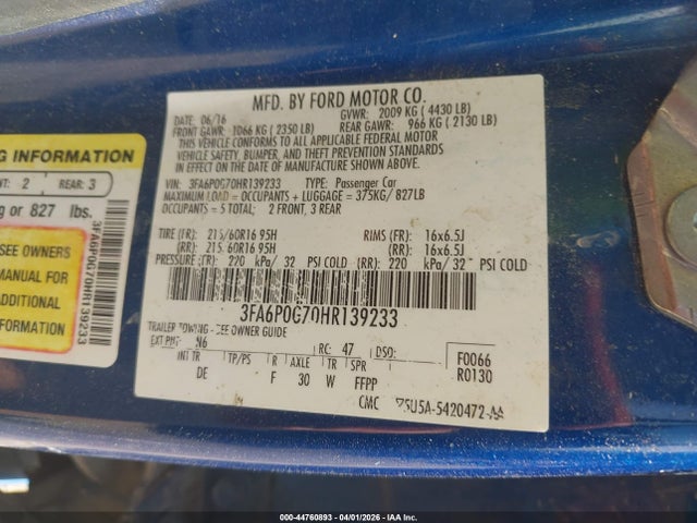 Aukcja sprzedaży 2017 Ford Fusion S, vin: 3FA6P0G70HR139233, numer aukcji: 44760893