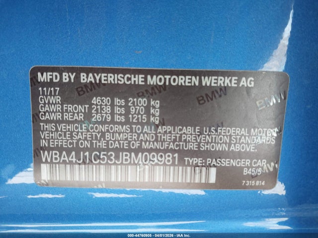 Продажа на аукционе авто 2018 Bmw 430i Gran Coupe, vin: WBA4J1C53JBM09981, номер лота: 44760905