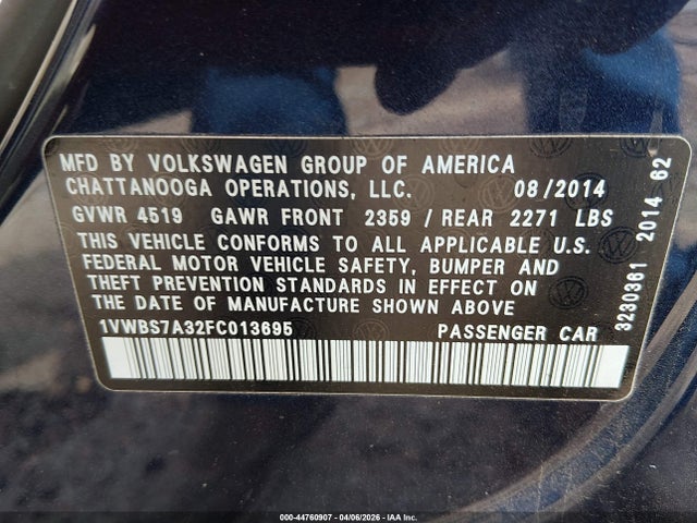 2015 Volkswagen Passat 1.8t Se მანქანა იყიდება აუქციონზე, vin: 1VWBS7A32FC013695, აუქციონის ნომერი: 44760907