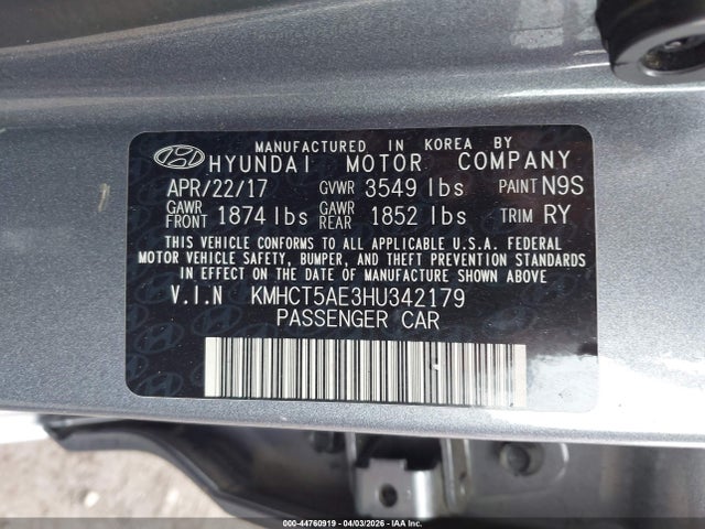 44760919 :رقم المزاد ، KMHCT5AE3HU342179 vin ، 2017 Hyundai Accent Se مزاد بيع