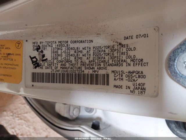 44760925 :رقم المزاد ، JTJHF10U610227234 vin ، 2001 Lexus Rx 300 مزاد بيع