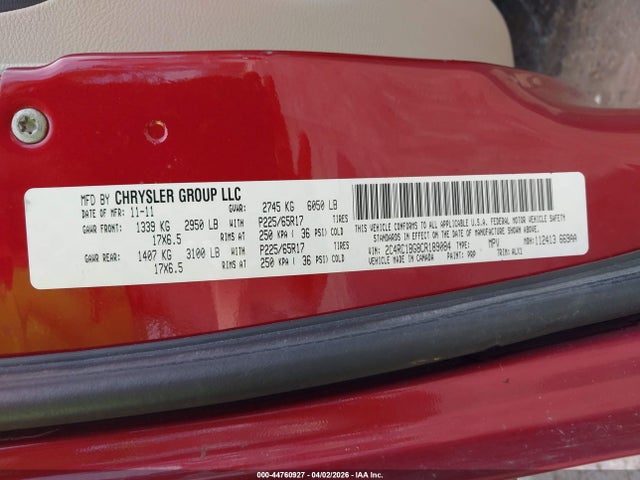 Продажа на аукционе авто 2012 Chrysler Town & Country Touring, vin: 2C4RC1BG8CR189084, номер лота: 44760927