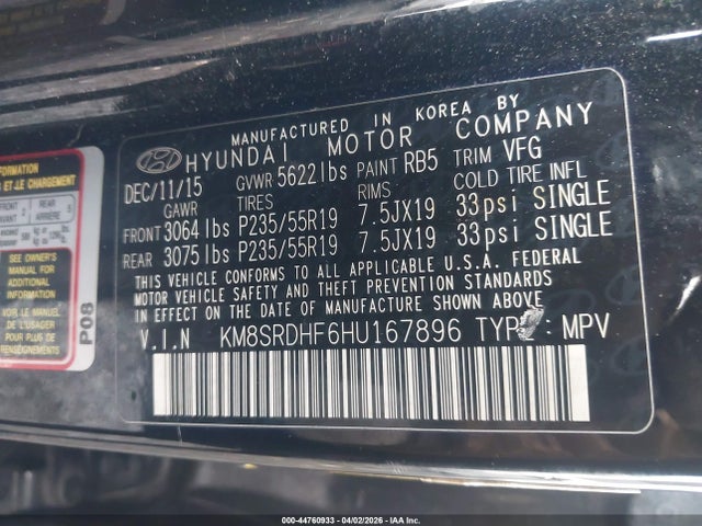 Продажа на аукционе авто 2017 Hyundai Santa Fe Se Ultimate, vin: KM8SRDHF6HU167896, номер лота: 44760933
