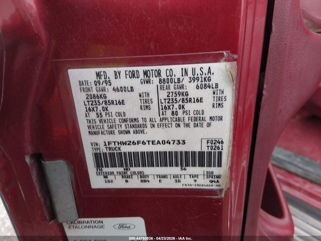 Продаж на аукціоні авто 1996 Ford F250, vin: 1FTHW26F6TEA04733, номер лоту: 44760936
