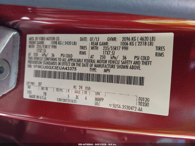 44760944 :رقم المزاد ، 1FMCU0GX3EUA43375 vin ، 2014 Ford Escape Se مزاد بيع