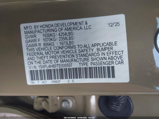 2026 Honda Civic Hybrid Sport მანქანა იყიდება აუქციონზე, vin: 19XFL4H89TE005597, აუქციონის ნომერი: 44760950
